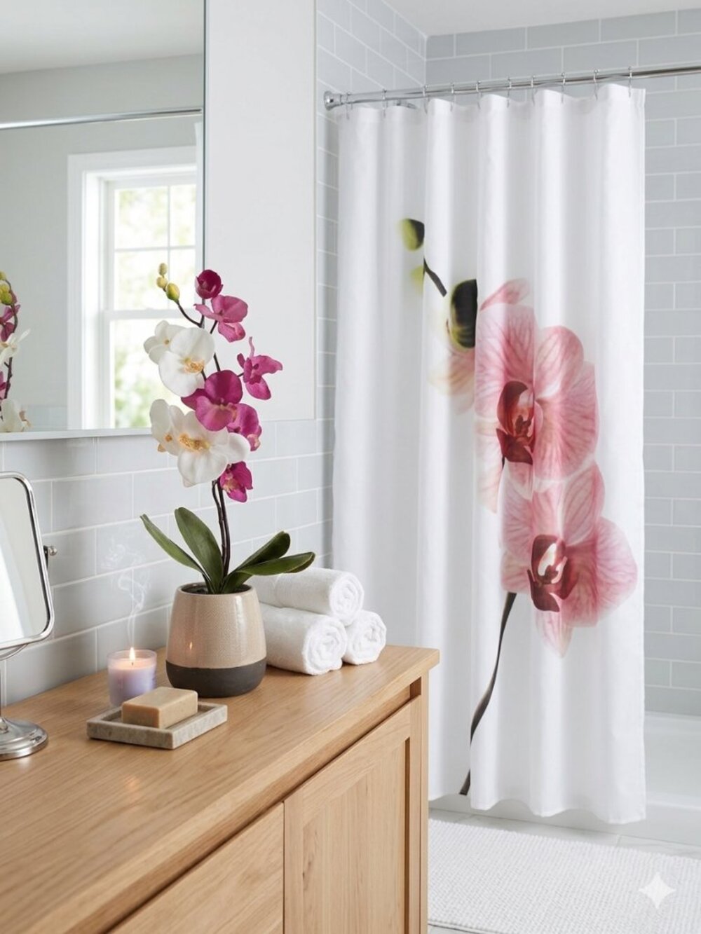 🌸 Orchid Bathroom Décor Set: Shower Curtain & Faux Floral 🌸